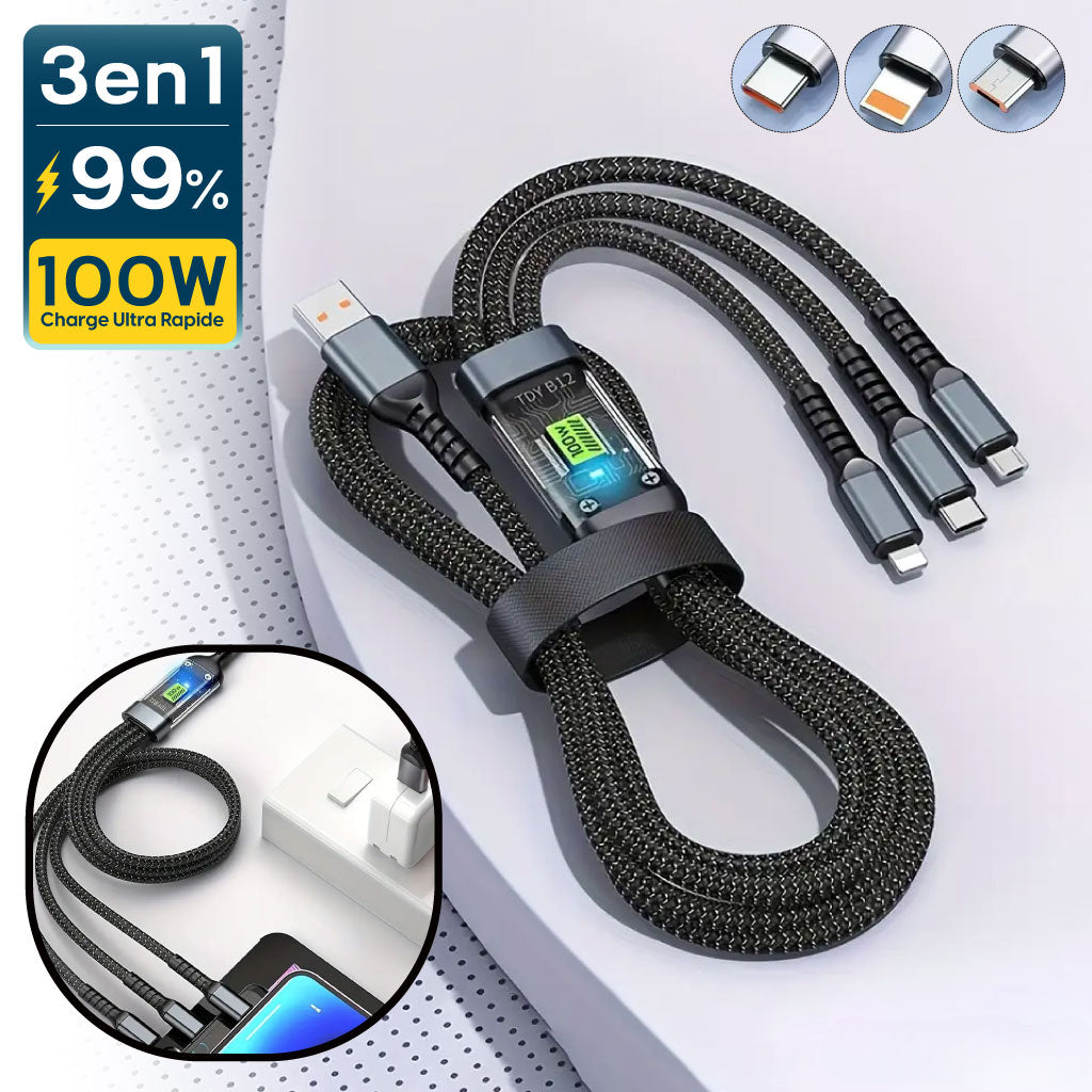 Câble de Charge 3-en-1 – Puissance 100W avec Écran LED
