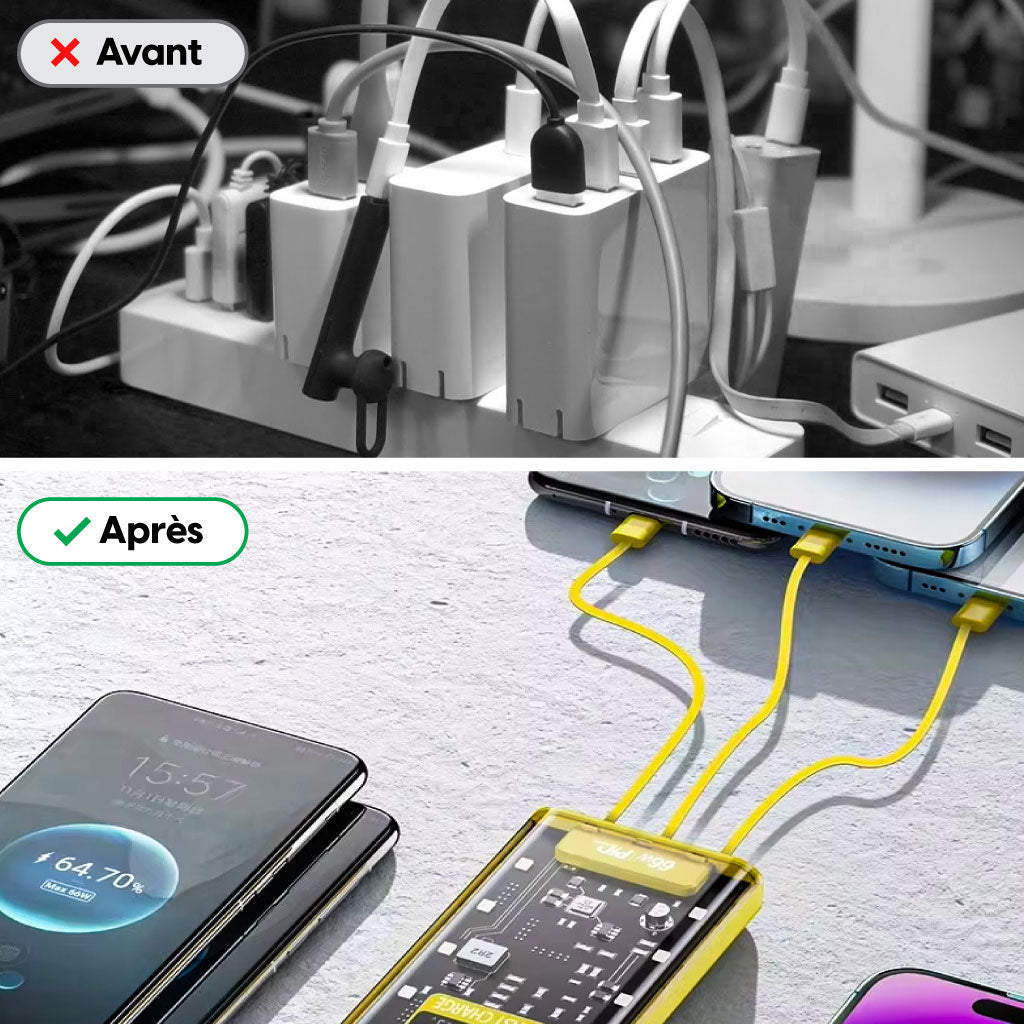 Power Bank Visible – Ultra Puissant avec 4 Câbles Intégrés