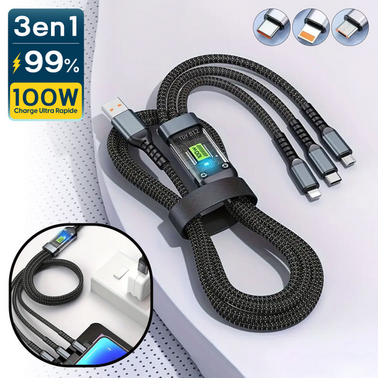 Câble de Charge 3-en-1 – Puissance 100W avec Écran LED