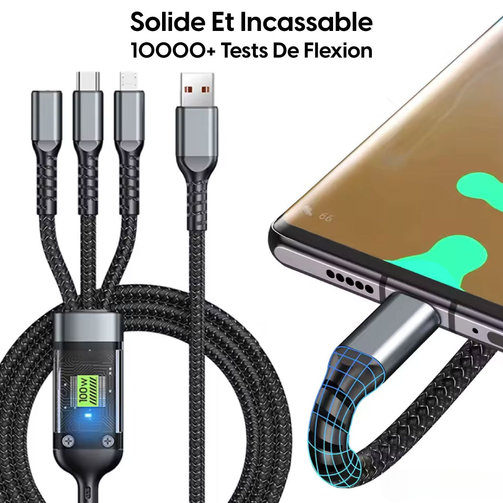 Câble de Charge 3-en-1 – Puissance 100W avec Écran LED